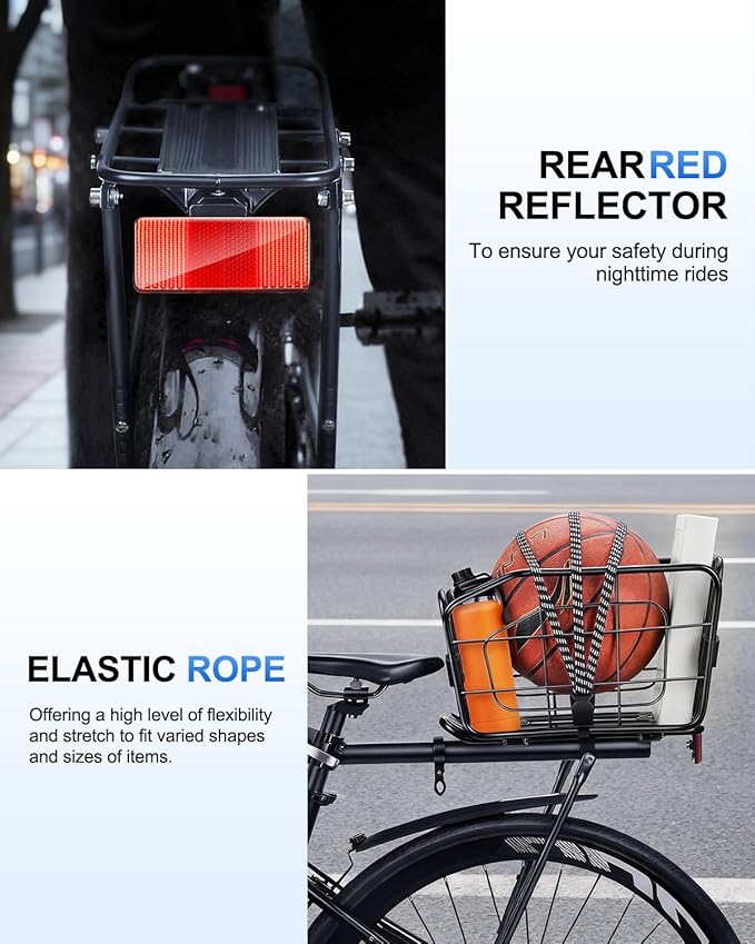 Rear Bike Basket, Aluminum Bike Cargo Rack, 22L Capacity Bicycle Basket, Foldable & Removable for Adult Bikes (Tube≤34mm), 165lbs Capacity, Includes Reflector & Bungee Cords