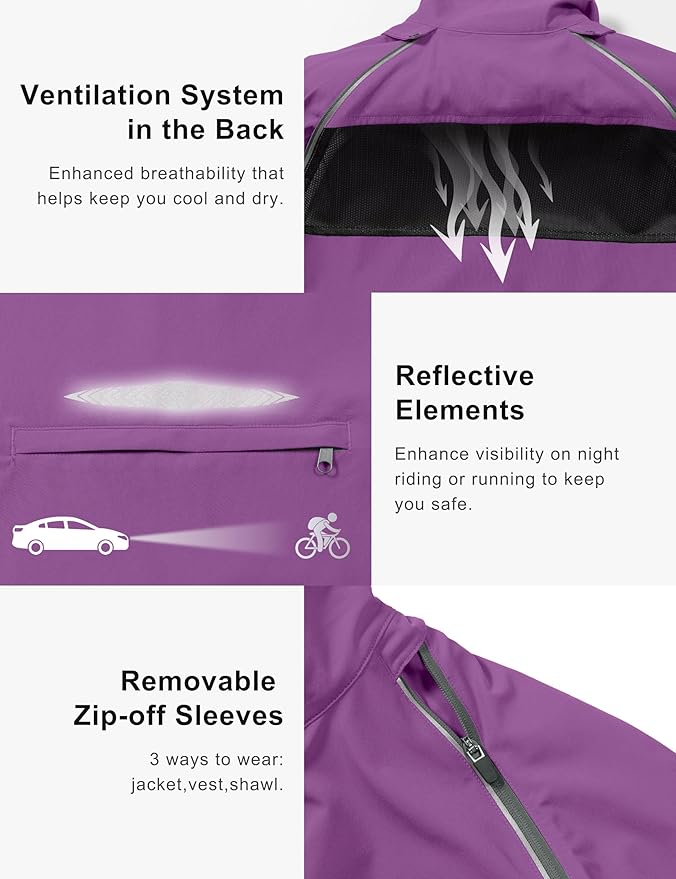 Little Donkey Andy Women's Lightweight Waterproof Cycling Jacket with Removable Sleeves for Biking Running Golf