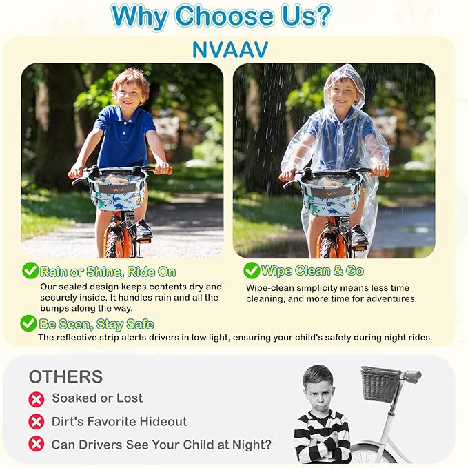 Kids Bike Basket Bag, Waterproof Bicycle Basket Pouch for Girls Boys 6-10, Children's Front Handlebar Bag with Reflective Safety Strap & Detachable Shoulder Strip, Fit Toddlers Bikes Tricycle Scooter
