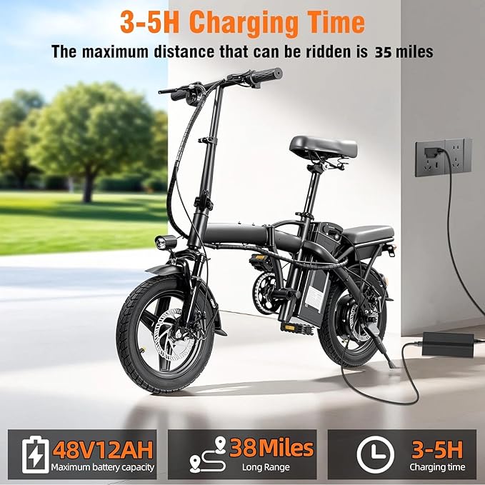 Foldable Electric Bike for Adults，23MPH & 38Miles Long Range Electric Bicycles，500W Motor 48V/12Ah Battery，14" Folding Mini ebikes for Teens，3-Speed & PAS Mode， Commuter City Certified E-Bike