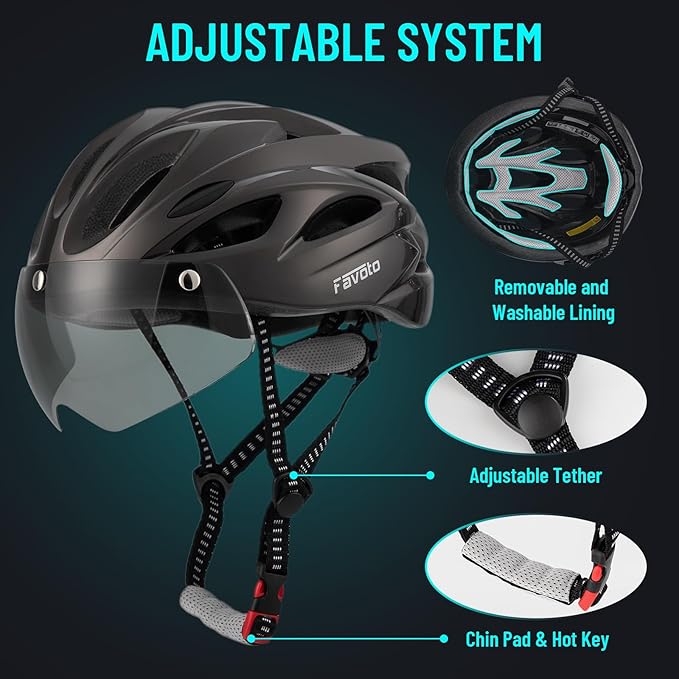 Favoto Bike Helmet Adult - Bicycle Helmet for Men Women Lightweight Cycling Helmets with Led Light Detachable Magnetic Goggles, Breathable Road Bike Mountain Ebike Helmets Adjustable Dial Fit