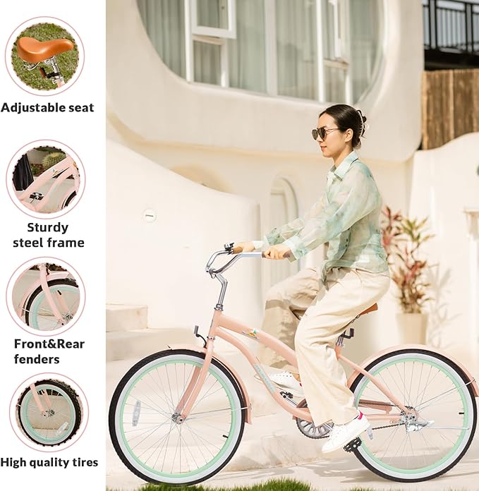 ACEGER Girls Beach Cruiser Bike for Kids 5-13 Years Old, 16" 18" 20" 24" Single Speed Kids Bicycle Included Coaster Brake, Front and Rear Reflectors, 24" 7 Speeds with Dual Brakes