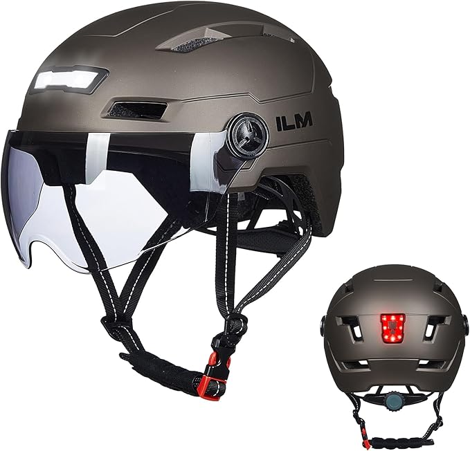 ILM Adult Bike Helmet with USB Rechargeable LED Front and Back Light Mountain&Road Bicycle Helmets for Men Women Removable Goggle Cycling Helmet E3-10L
