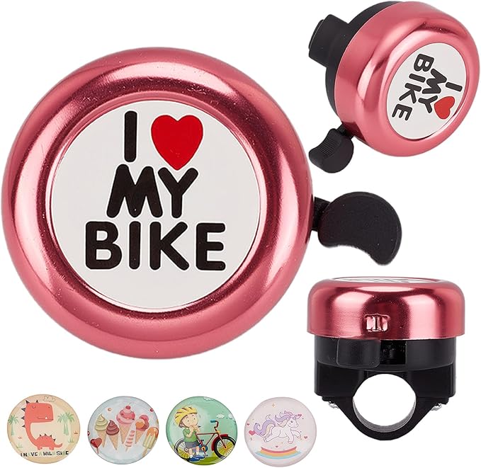 CREATCABIN I Love My Bike Bicycle Bell Aluminum Alloy Bike Bells Ring Round Pink Loud Sound Cycling Handlebars Bells with 4Pcs Resin Stickers