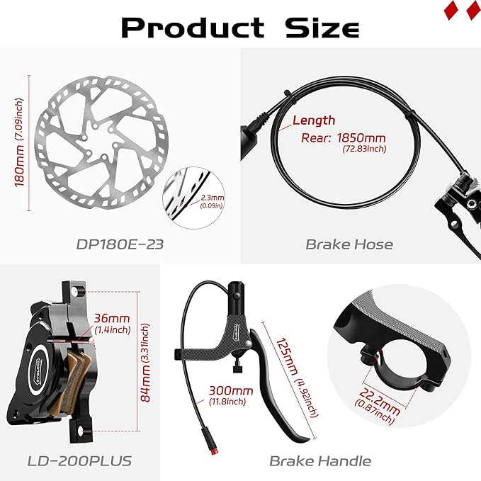 E-Bike Hydraulic Disc Brake Set 4-Pistons/2-Pistons,2-PIN/3-PIN Pre-Bled with Mineral Oil Brakes Kit,Front and Rear Set,180mm 2.3mm Thick Rotors