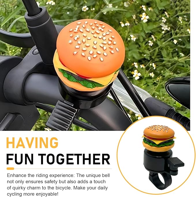 Bike Bell, Cute Hamburger Shaped Aluminum Alloy Bicycle Bell with Loud Crisp Clear Sound, Funny Decorative Cycling Accessory, Universal for Balance, Scooters, Bikes (Yellow)