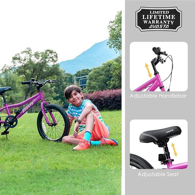 AVASTA Bilbo 18 20 24 Inch Kids Bike for Boys Girls 5-14 Years Old, Retro Style High Carbon Steel Bicycle with Adjustable Handlebars and Seat, Dual V-Brakes, Kickstand, Multiple Colors
