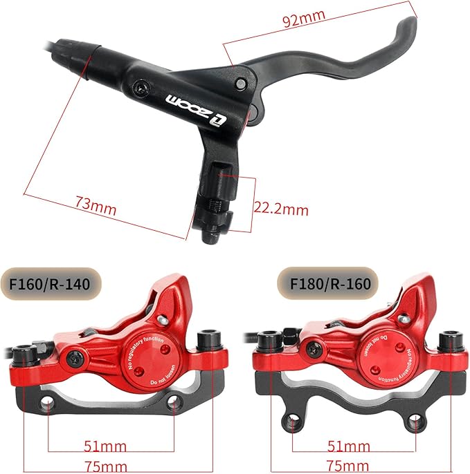 Zoom HB875 Hydraulic Disc Brakes Set, Red, Mountain Bike Right Front 800mm, Adapter Fit EBike Fat Bike Bicycle Accessories for Mountain Bike, Road Bike