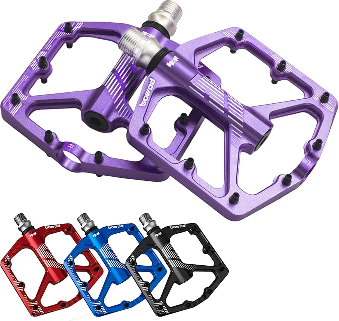 MTB Pedals Flat, Gravel Bike Pedals Flat, Light CNC Aluminum Alloy Platform Pedal w 3 Bearings Cr-Mo Spindle, Grippy Bicycle Pedals w 16pcs Pins, Mountain Bike Pedals Adult Child BMX Bike 9/16"