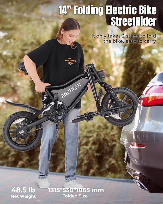 ANCHEER 14" Folding Electric Bike for Teens, 500W Max Motor, 22MPH City Ebike, Triple Shock Absorber, 48V 374Wh Battery, Brake Taillight, Cruise Control, Electric Bicycle for Adults, UL2849 Compliant