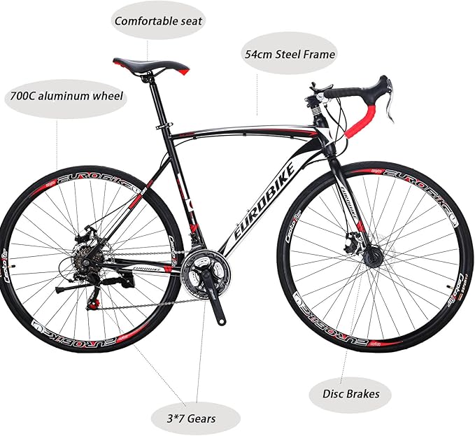 EUROBIKE Road Bike,700C Wheels 21 Speed Disc Brakes,Mens or Womens Bicycle,54cm/49cm Frame