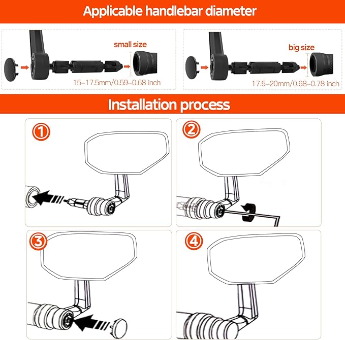 Bike Mirror, Bicycle Mirror for Handlebar Mount, Scratch Resistant Glass Lens Large Bar End Bike Rear View Mirror for E-bike, Mountain Bike, City Bikes & Scooter (Left&Right 0.59-0.78")