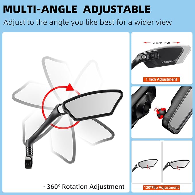 ROCKBROS Newest Bike Mirrors Handlebar Mount Rearview Mirror HD Blast-Resistant All-round Angle Adjustable Retractable Bicycle Mirror for E-bike （21-26mm Handlebar）