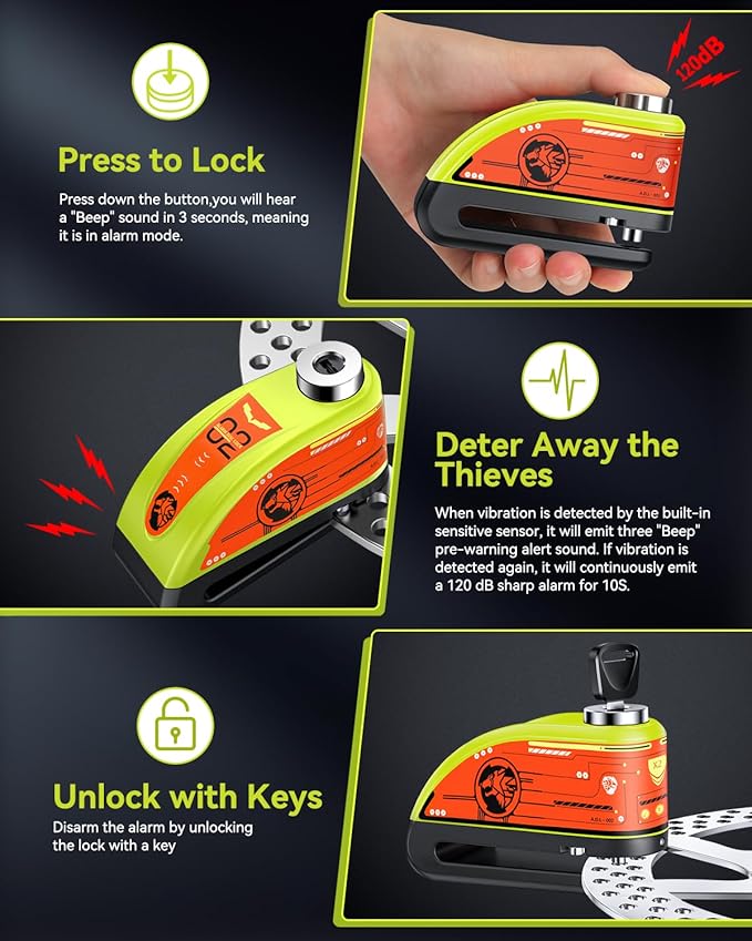 ZEXMTE Motorcycle Alarm Disc Brake Lock, Rechargeable Motorbike Disc Lock Alarm 120dB with 1.8m Reminder Cable, Anti-Theft Waterproof Disc Brake Lock for Motorcycle, Bike, Scooter, E-Bike, Green
