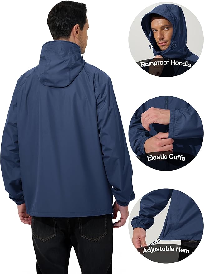 Men's Rain Jacket Windbreaker Waterproof Jacket Raincoat Cycling Running Hiking Gear Hood Lightweight Packable