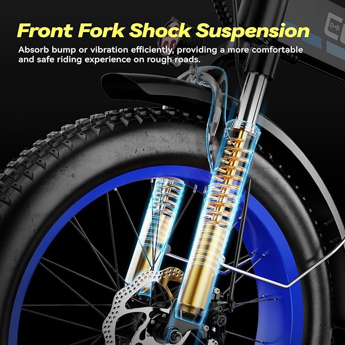Foldable Electric Bike for Adults, 30+MPH, 48V 20Ah Removable Lithium Battery up to 80Miles, 20" Fat Tire 1000W Peak Motor Dirt Ebike Adult Electric Bicycle for Beach Mountain E Bike Blue Black