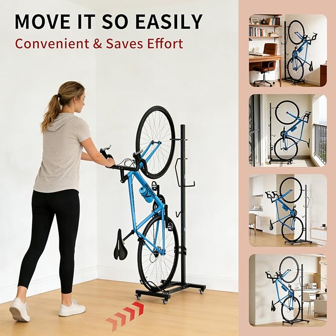 Vertical Bike Stand with Wheels, Space-Saving Freestanding Bike Rack, 360° Moveable Adjustable Height Indoor Bike Storage for Garage & Apartment, Floor Bike Parking Holder for Bikes up to 22”-29”