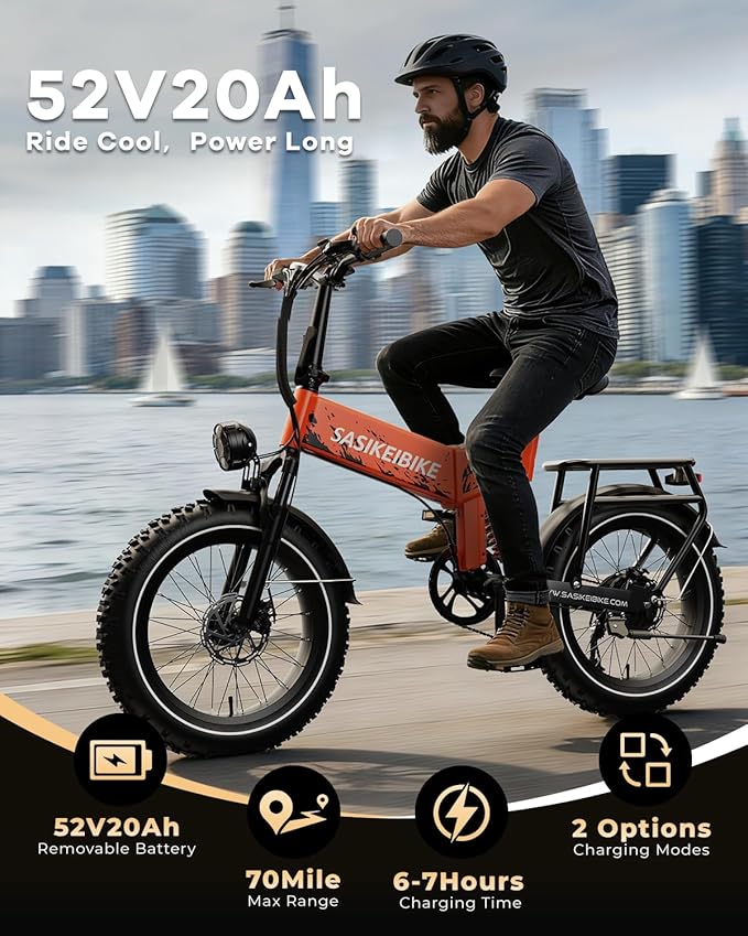 1500W Folding Electric Bike for Adults,52V 20Ah Removable Battery Ebike with 30+MPH 70 Miles Max,20" x4.0 Fat Tire E-Bike, Foldable Dual Suspension Electric Bicycle for Commute,Mountain