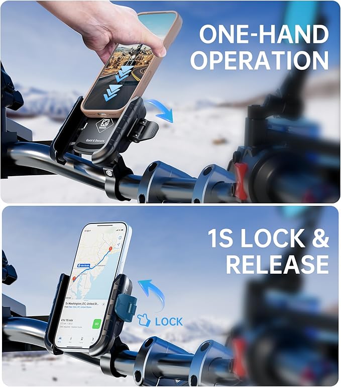Kewig Motorcycle Phone Mount Holder with Aluminum Alloy Mounting Base, [1s Lock & Release] [Camera Friendly] Bike Handlebar Cellphone Mount for Bicycle Bike Scooter ATV, Fit 5.4-7.2" Smartphone