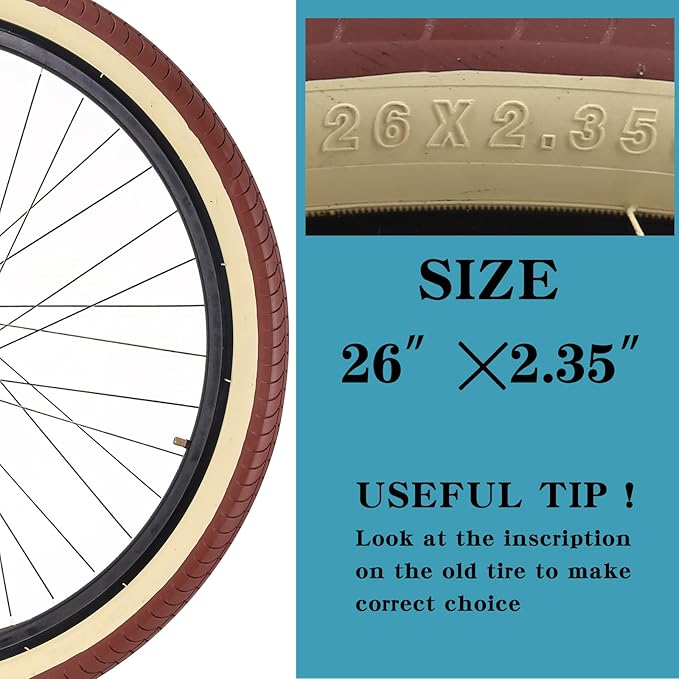 SIMEIQI 26x2.35 20x2.35 Inch Cruiser Beach Bike Tire Black White Wall or Brown Cream Wall Folding Replacement Bicycle Tire for Hybrid City Commuter Trail