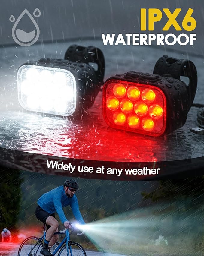 Victoper 10 LED Bike Light, 8+9 Modes USB Rechargeable Bicycle Lite, High Lumens Super Bright Bike Headlight & Taillight Set, Waterproof Safety Bike Front & Rearlight for Road, Night Riding