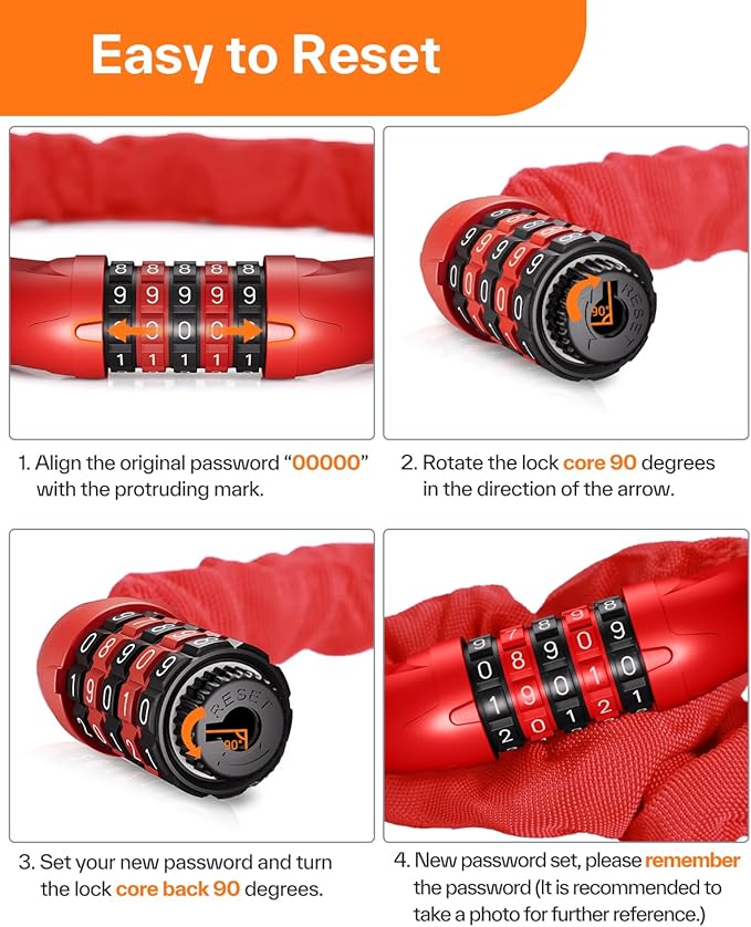 Sportneer Bike Lock: 5 Digit Combination High Security Anti Theft Bike Chain Lock - 3.2/3.6/4ft Heavy Duty Keyless Bicycle Lock for Bike, Motorcycle, Scooter, Door & Gate - 4/6mm Thick, Easy to Use