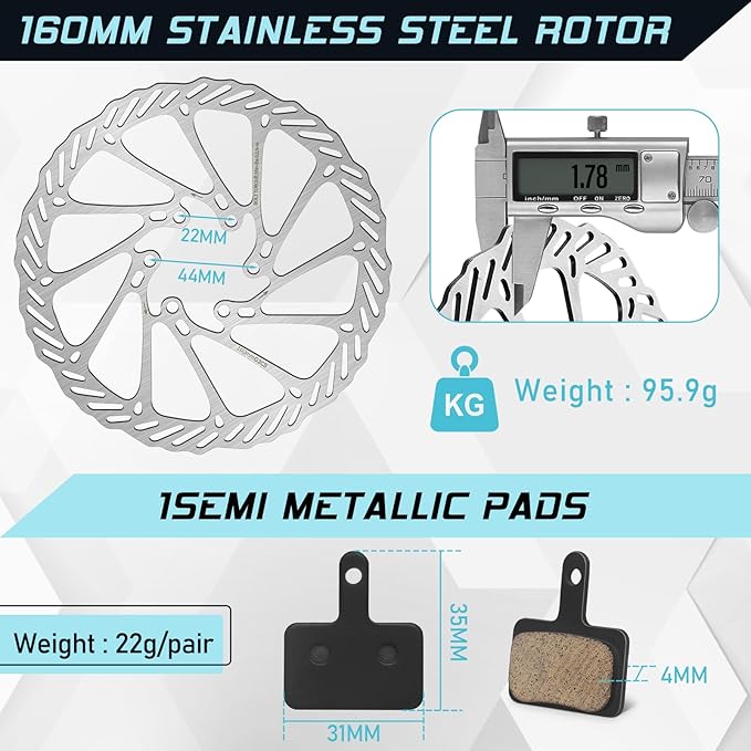 BUCKLOS Mountain Bike Disc Brake kit, MTB Mechanical Line Pulling Disc Brakes Caliper with Aluminum Alloy Levers /160mm Rotor,/is/PM Universal Adapter for Ebike/Folding Bike/Scooter/Fat Bike