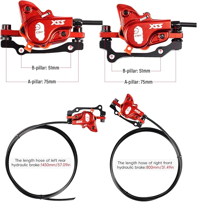 CNC MTB Hydraulic Disc Brake Set，Mountain Bike Hydraulic Disc Brakes Right Front 800mm Left Rear 1450mm Hydraulic Brake，Red