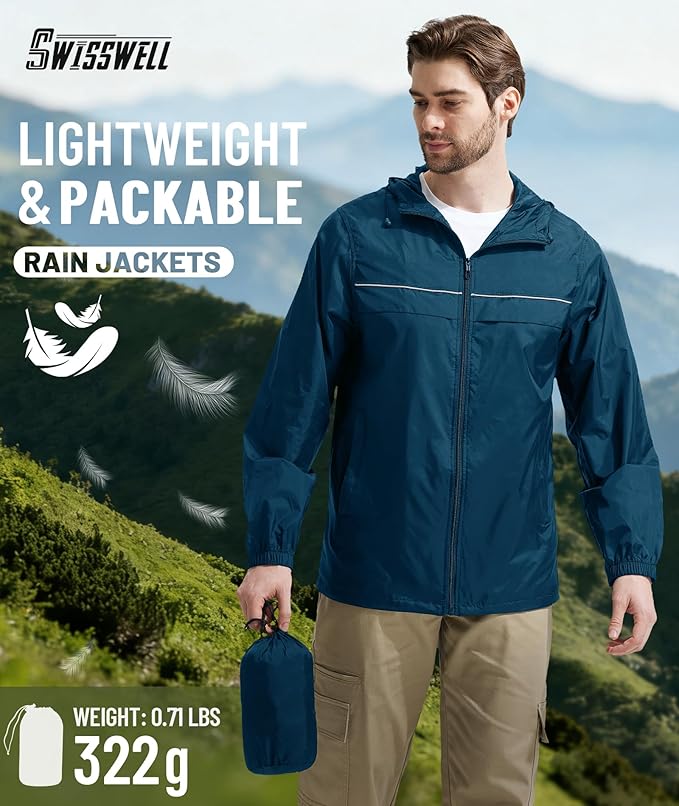 SWISSWELL Mens Rain Jacket & Coats Packable Lightweight Waterproof Windbreaker Hooded for Golf Cycling Hiking