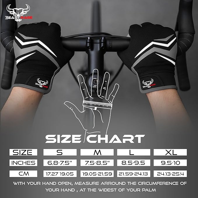 BEAST RAGE Full Finger Cycling Gloves with Padding for Men Women, Anti-Slip, Shock Absorbing, Breathable, Touchscreen Mountain Bike Gloves for BMX, MTB Riding, Road Racing, Bicycle