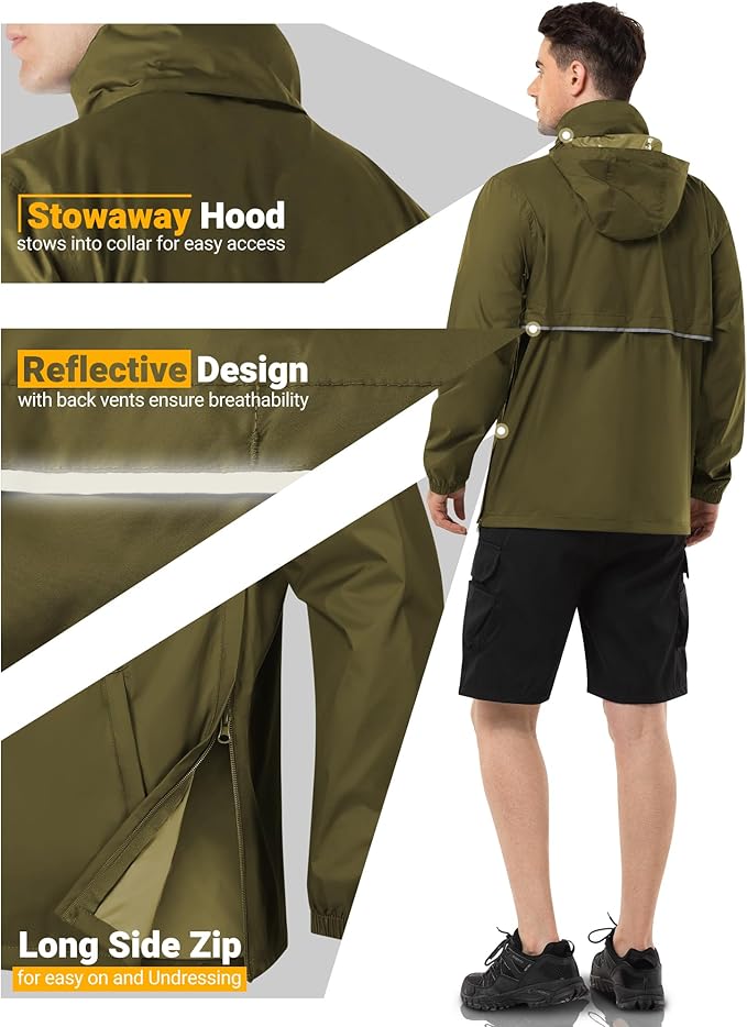 Outdoor Ventures Men's Rain Jacket Waterproof Lightweight Packable Rain Pullover for Hiking Golf Running