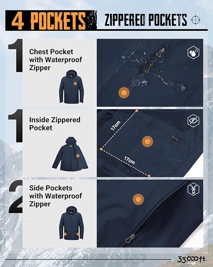 33,000ft Men's Packable Rain Jacket Lightweight Rain Shell Jacket with Hood Waterproof Raincoat for Cycling