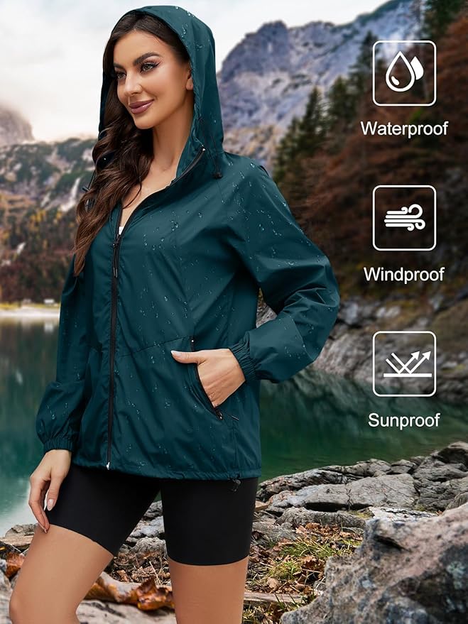 Packable Rain Jacket Women Waterproof Lightweight Jacket With Hood Womens Windbreaker Jacket S-XXL