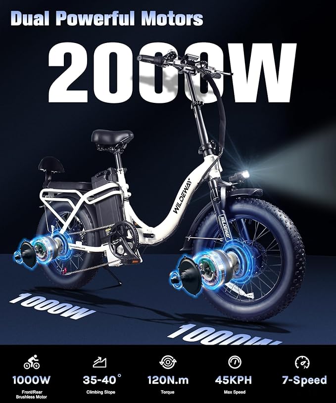 Wildeway 2000W Dual Motor Electric Bike SummitX 32Ah Battery E-Bike 90 Miles Long Range 28MPH Foldable 20x4.0 Fat Tire Ebike for Adult Hydraulic Brake Delivery Commuting Bicycle 2 Seat