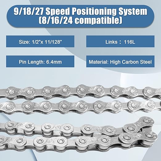 21/24/27 Speed Bike Chain, Bicycle Mountain Bike Chain, 116 Links Single & Multi Speed Bikes Chain, Compatible with BMX Bikes, and Most Major Systems(Silve)