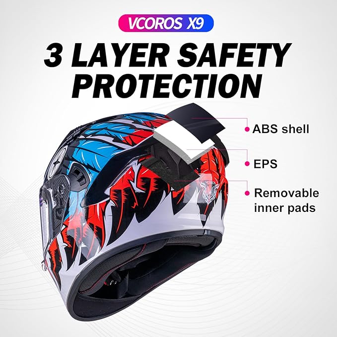 VCOROS Full Face Dual Visor Motorcycle Helmet for Adults Motorbike Street Bike Racing Helmets X9 DOT Approved with Black Visor