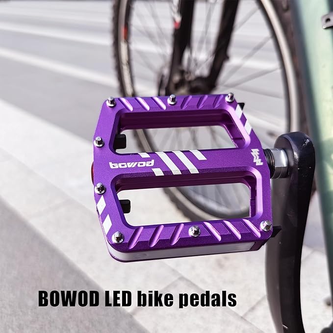 Bicycle Pedals with LED lights 5 Modes, Tap On-Off, USB Rechargeable, Waterproof, Flat CNC Aluminum Road Bike Pedals w 9/16" Cr-Mo Steel Axel w Pin, for Ebike, Commuter, Hybrid, City, Beach Bike