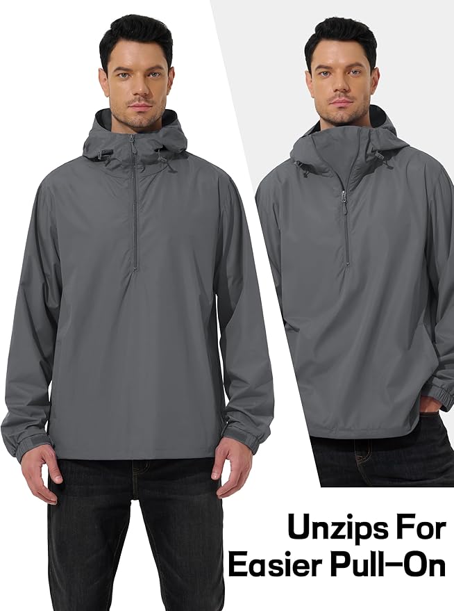 Men's Pullover Rain Jacket Waterproof Windbreaker Lightweight Packable Raincoat for Cycling Running Hiking Golf