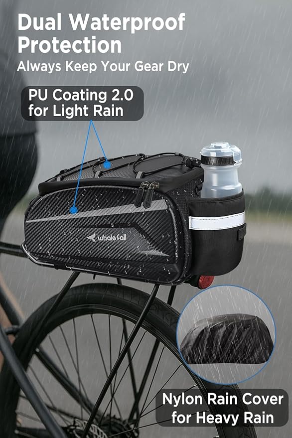 whale fall 10L Bike Rack Bag – Hard Shell Waterproof Rear Trunk Pannier, Saddle Seat Bag Carrier with Rain Cover, 4-Side Reflective Panels, Shoulder Strap & Handle, Bike Accessories, Gifts for Men