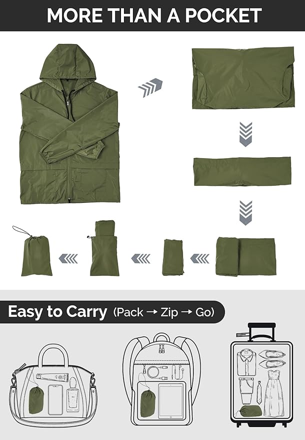 Zando Packable Mens Rain Jacket Lightweight Raincoat Waterproof with Hood Outdoor Windbreaker Jacket Travel Rain Jackets