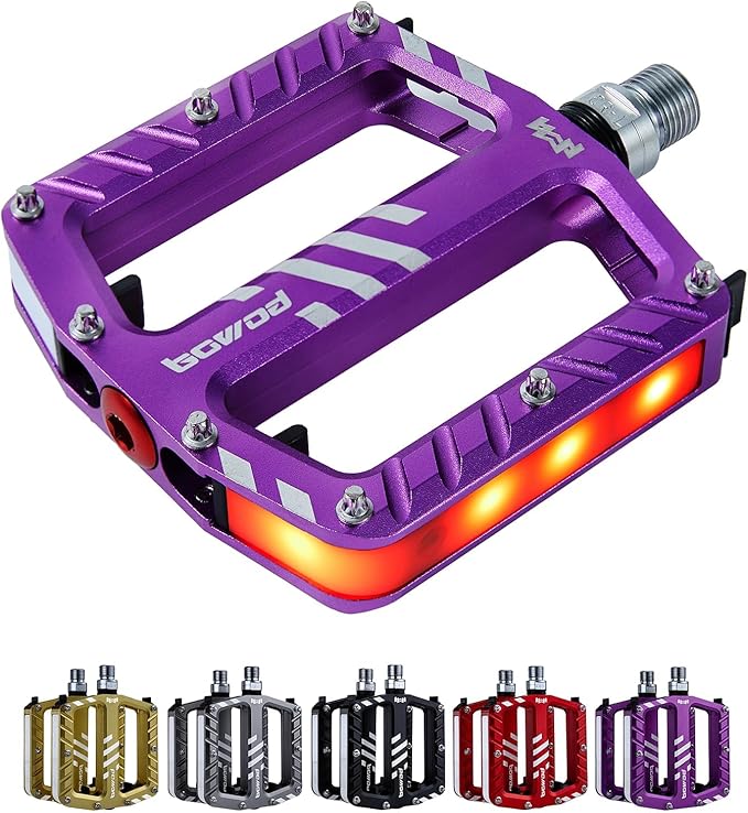 LED Bike Pedals in 5 Modes Lights, USB Rechargeable, Waterproof, CNC Aluminium Red Platform Bicycle Pedals w 9/16in Cr-Mo Spindle 3 Bearings for Adult Youth Commuter Road Bike Pedals Replacement