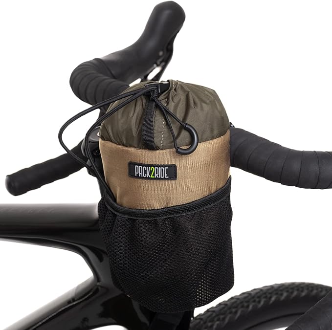 Bongo Bike Handlebar Bag - Water Resistant, Durable Cordura Fabric & Bicycle Large Water Bottle Holder - Front Biking Storage, Bikepacking Stem Bag for Cycling Travels (Brown)