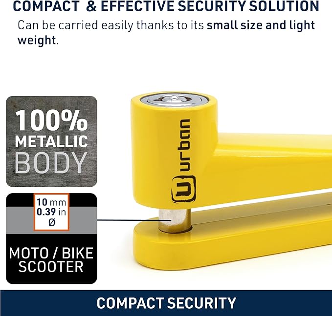 URBAN 922A Motorcycle Disc Lock, ø10mm Safer, More Visible, More Deterrent, Compact and Effective Security for Easy Transport, Anti Theft Wheel Brake Lock for Motorbike Scooter Electric Bike Bicycle