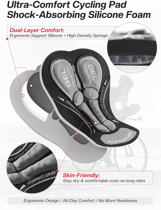ARSUXEO Men's Cycling Underwear 4D Padded Bike Shorts Bicycle Biking Cycling Shorts with Padding Mountain Bike Liner