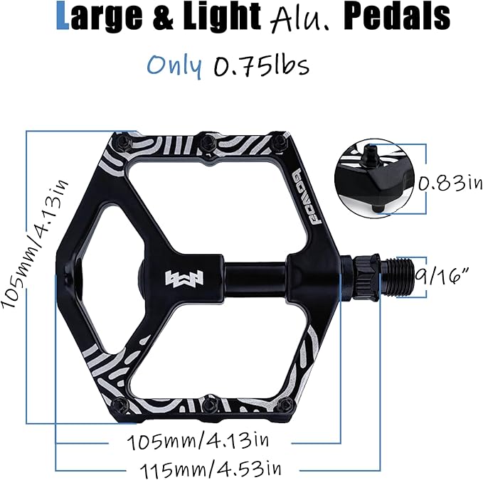 Road Bike Pedals Non-Skip, Aluminum Bicycle Pedals Clipless, Lightweight MTB Pedals Flat w 9/16" Silver Axel, Youth Mountain Bike Pedals w 12Pins for City Commuter BMX Tricycle Bike Pedals