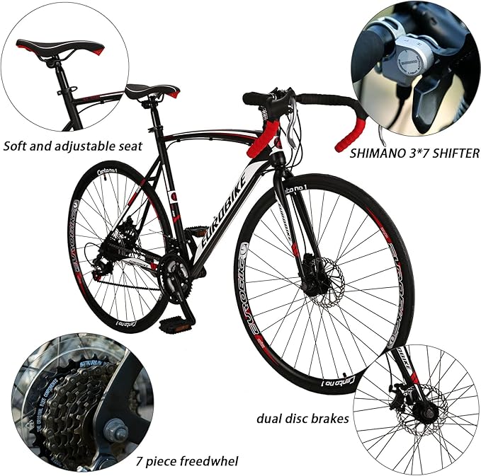 EUROBIKE Road Bike 700C Wheels 21 Speed Dual Disc Brake Bicycle 54cm Frame Bicycle for Men