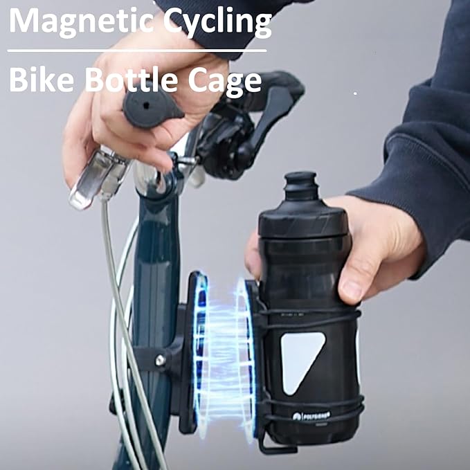 Rcool Quick-Release Magnetic Bike Water Bottle Holder, Sturdy Bike Cup Holder Rack, Bicycle Drink Cage, Secure No-Fall Buckle,with Straps and Screw Tool, Black,for 2.25-3.94" Bottles