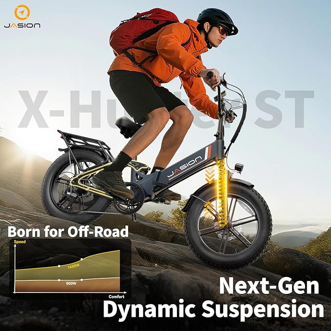Jasion X-Hunter ST/PRO Foldable Electric Bike for Adults with 20'' Fat Tire,Up to 71-80 Miles Range Ebike,1800W/1400W Peak Motor,30+MPH E Bike,Full Suspension&Dual Hydraulic Disc Brakes Bicycles