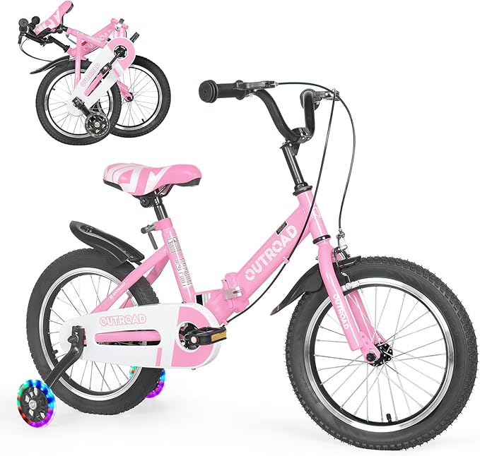 14/16/18 Inch Folding Kids Bike with Training Wheels, Gifts for Girl&Boy Age 3-10 Years, Toddler Bike with Dual Brakes for Beginners, Multi-Color