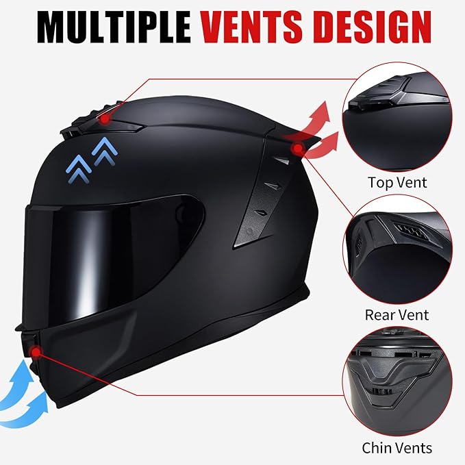 Full Face Motorcycle Helmet,Helmets for Adults Motorcycle, MG611 Motorbike Racing Street Bike Helmets with Black Visor for Men Women,DOT Approved (Matte Black-B+ Mask, XXL)